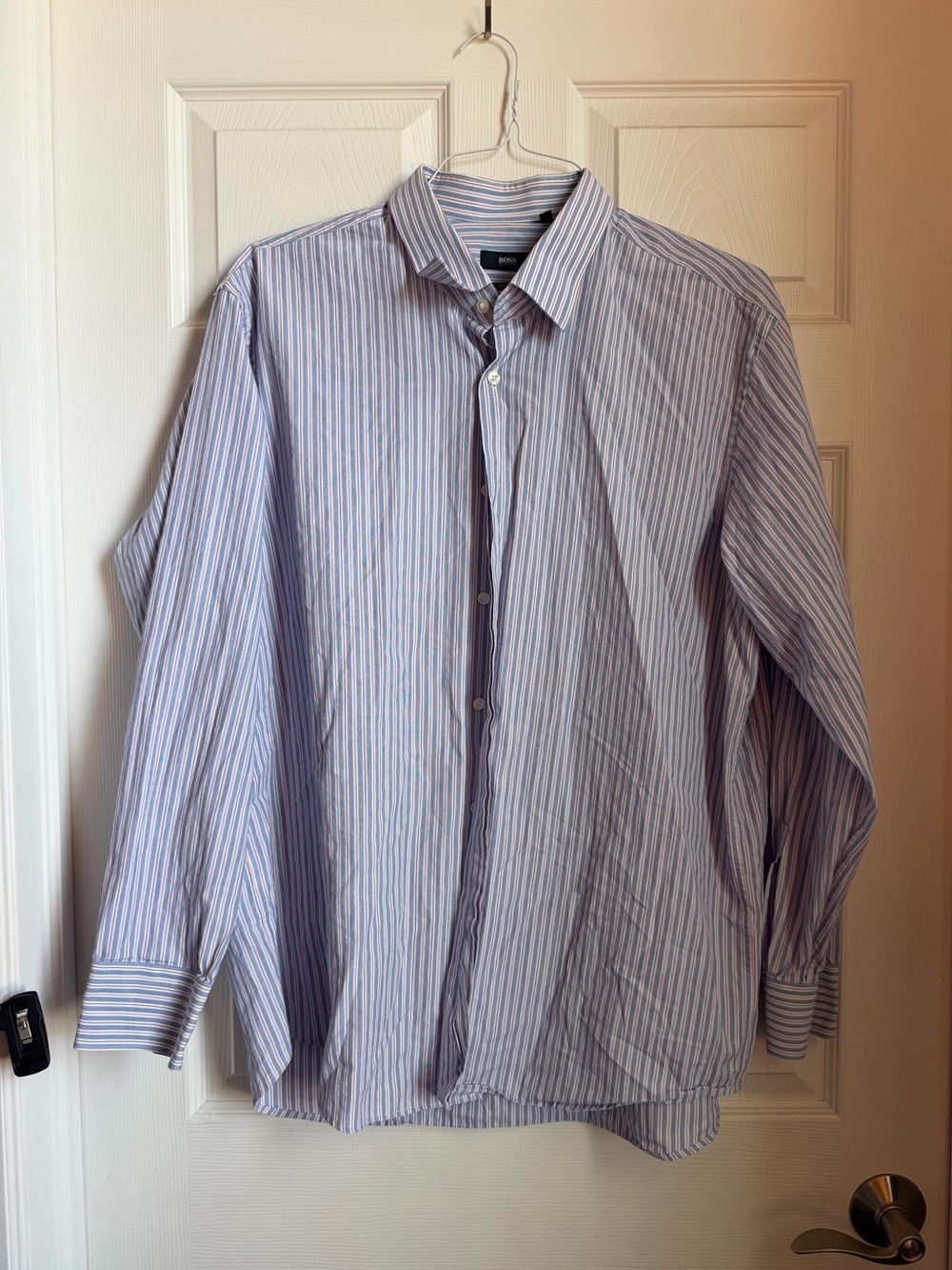 Hugo Boss Men's Blue and White Stripe Dress Shirt